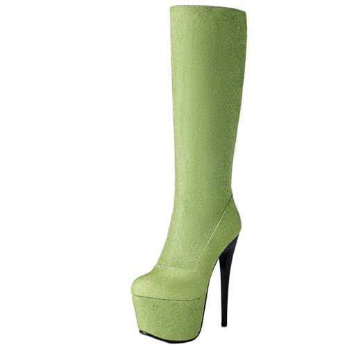 BULVJ Damen Pailletten Langschaftstiefel, Stiletto-Absatz und Plattform kniehohe Stiefel mit Seitlichem Reißverschluss von BULVJ
