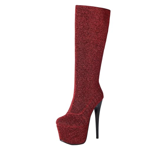 BULVJ Damen Pailletten Langschaftstiefel, Stiletto-Absatz und Plattform kniehohe Stiefel mit Seitlichem Reißverschluss von BULVJ