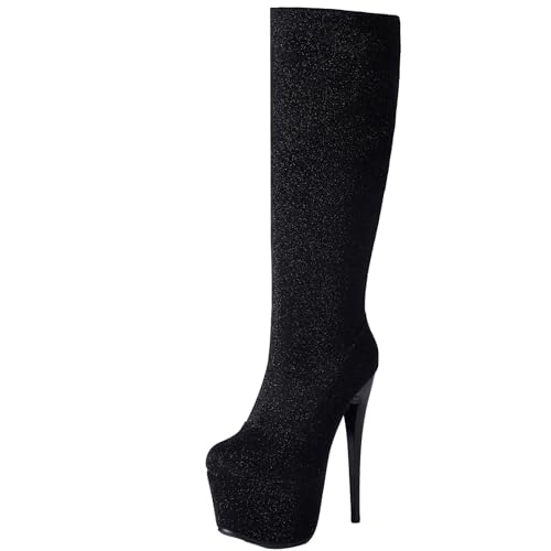 BULVJ Damen Pailletten Langschaftstiefel, Stiletto-Absatz und Plattform kniehohe Stiefel mit Seitlichem Reißverschluss von BULVJ