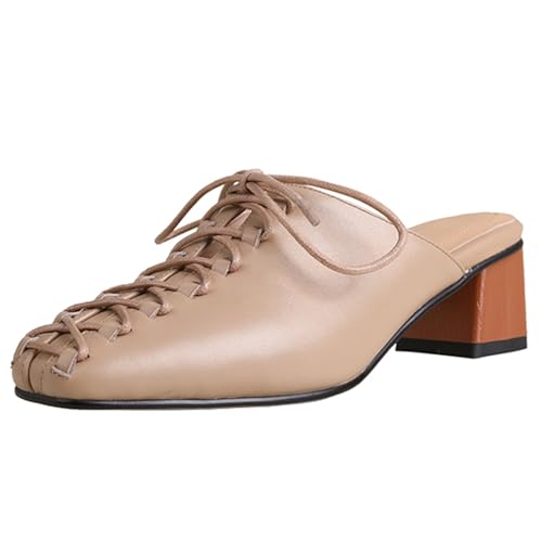 BULVJ Damen-Pantoletten mit Quadratischer Zehenpartie und Schnürung Slip-On-Schuhe aus Echtem Leder mit Robustem Blockabsatz und Zeitlosem Einfarbigem Design von BULVJ