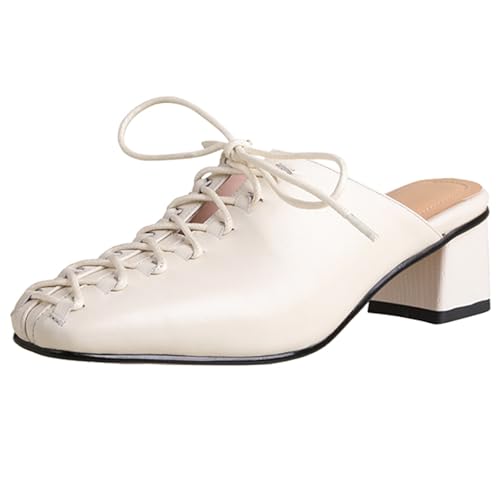 BULVJ Damen-Pantoletten mit Quadratischer Zehenpartie und Schnürung Slip-On-Schuhe aus Echtem Leder mit Robustem Blockabsatz und Zeitlosem Einfarbigem Design von BULVJ