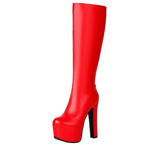 BULVJ Damen Plattform Stiefel in Kniehoher Ausführung mit Seitlichem Reißverschluss, Blockabsatz und Warmem Futter für Verschiedene Wintermode-Looks. von BULVJ