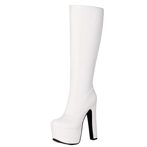 BULVJ Damen Plattform Stiefel in Kniehoher Ausführung mit Seitlichem Reißverschluss, Blockabsatz und Warmem Futter für Verschiedene Wintermode-Looks. von BULVJ