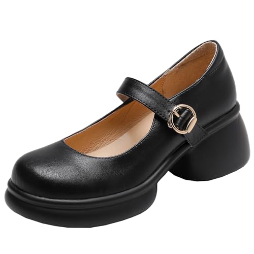 BULVJ Damen Pumps Mary Jane Style Bequeme Klobiger Absatzs Stilvolles Design mit Runder Zehe von BULVJ