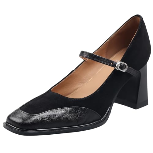 BULVJ Damen Quadratische Zehenschuhe mit Absatz Mary Jane Schuhe aus Echtem Leder von BULVJ