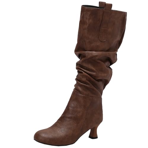 BULVJ Damen Reißverschluss Falten Kniehohe Stiefel, Blockabsatz und Runde Zehen Schaftstiefel, Ideal für Winteroutfits. von BULVJ