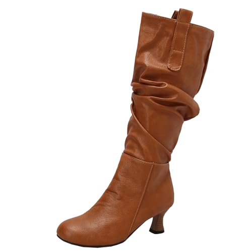 BULVJ Damen Reißverschluss Falten Kniehohe Stiefel, Blockabsatz und Runde Zehen Schaftstiefel, Ideal für Winteroutfits. von BULVJ
