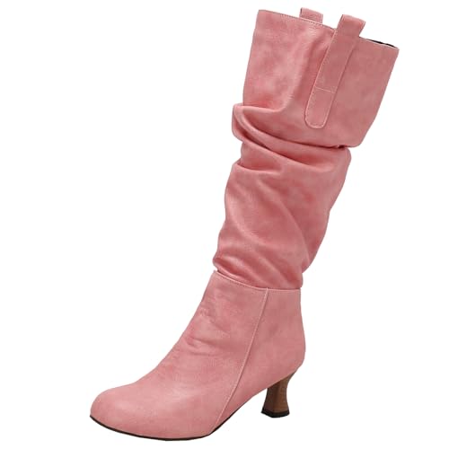 BULVJ Damen Reißverschluss Falten Kniehohe Stiefel, Blockabsatz und Runde Zehen Schaftstiefel, Ideal für Winteroutfits. von BULVJ