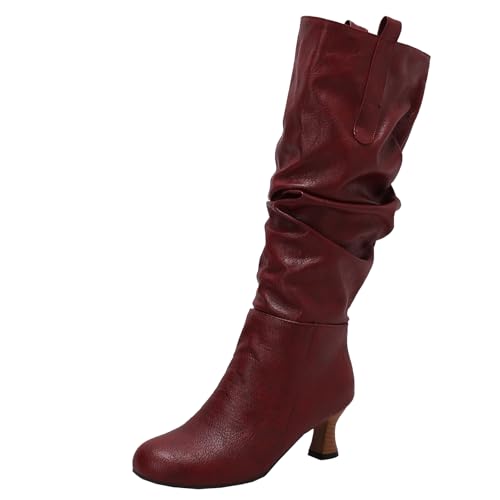 BULVJ Damen Reißverschluss Falten Kniehohe Stiefel, Blockabsatz und Runde Zehen Schaftstiefel, Ideal für Winteroutfits. von BULVJ
