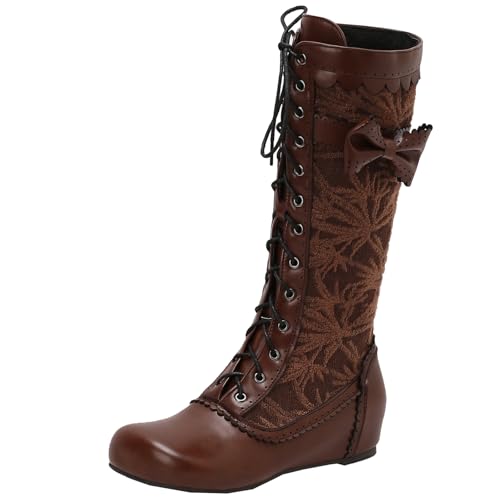 BULVJ Damen Retro Bestickte Knielange Stiefel, Schnürung und Reißverschluss Kampfstiefel von BULVJ