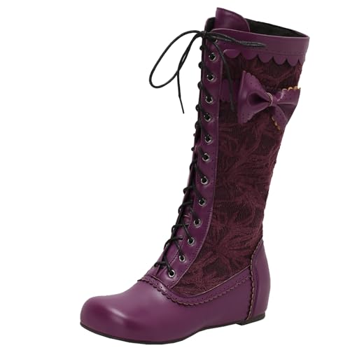 BULVJ Damen Retro Bestickte Knielange Stiefel, Schnürung und Reißverschluss Kampfstiefel von BULVJ