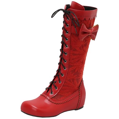 BULVJ Damen Retro Bestickte Knielange Stiefel, Schnürung und Reißverschluss Kampfstiefel von BULVJ