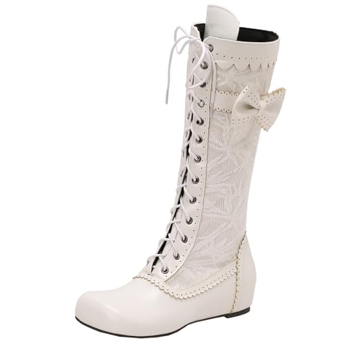 BULVJ Damen Retro Bestickte Knielange Stiefel, Schnürung und Reißverschluss Kampfstiefel von BULVJ