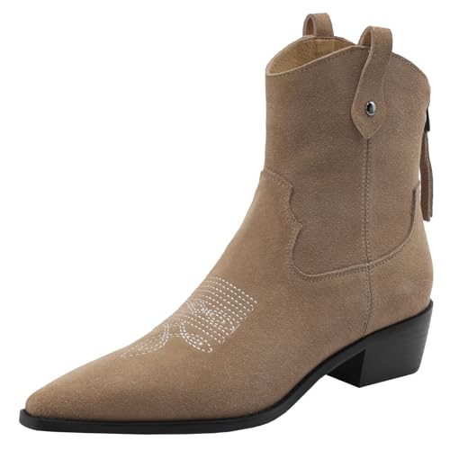BULVJ Damen Retro Bestickte Westernstiefel Stiefeletten mit Reißverschluss und Blockabsatz für den Täglichen Gebrauch von BULVJ