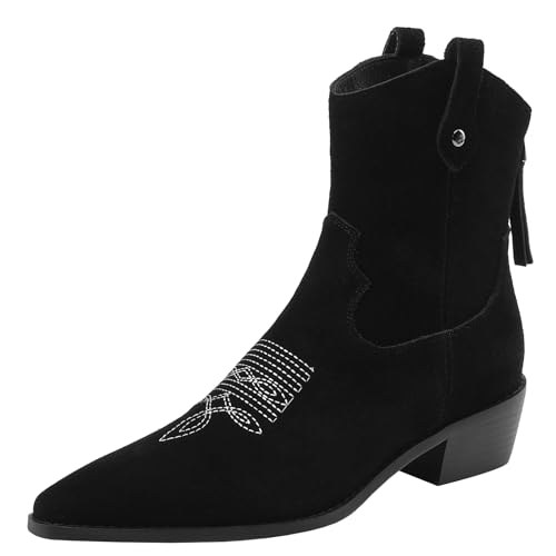 BULVJ Damen Retro Bestickte Westernstiefel Stiefeletten mit Reißverschluss und Blockabsatz für den Täglichen Gebrauch von BULVJ