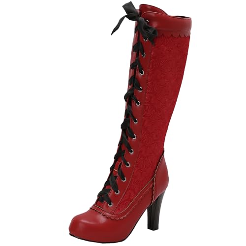 BULVJ Damen Retro Rundzehen Bestickte Knielange Stiefel, Schnürung und Reißverschluss Langschaftstiefel mit Blockabsatz von BULVJ