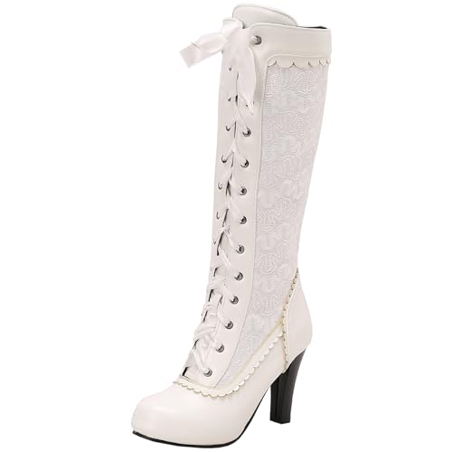 BULVJ Damen Retro Rundzehen Bestickte Knielange Stiefel, Schnürung und Reißverschluss Langschaftstiefel mit Blockabsatz von BULVJ
