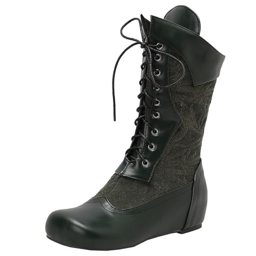 BULVJ Damen Retro Rundzehen Bestickte Stiefel bis zur Wade, Wedge-Hakenschnürstiefel von BULVJ