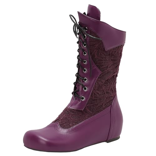 BULVJ Damen Retro Rundzehen Bestickte Stiefel bis zur Wade, Wedge-Hakenschnürstiefel von BULVJ