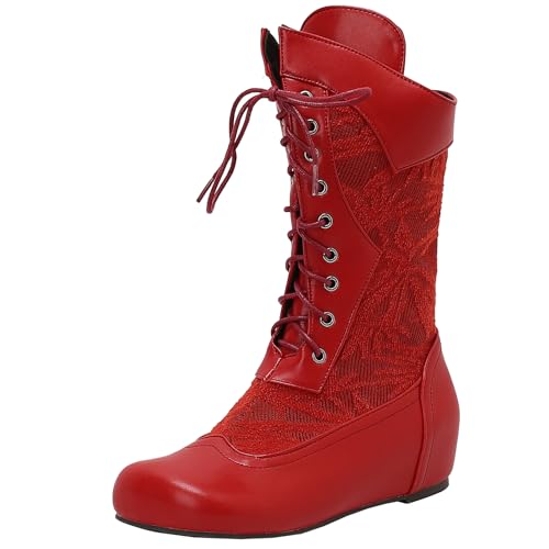 BULVJ Damen Retro Rundzehen Bestickte Stiefel bis zur Wade, Wedge-Hakenschnürstiefel von BULVJ