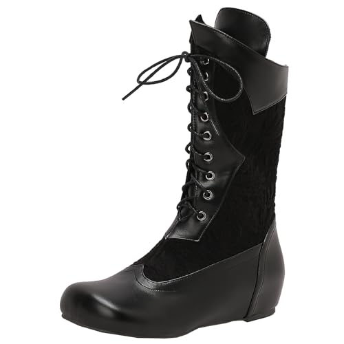 BULVJ Damen Retro Rundzehen Bestickte Stiefel bis zur Wade, Wedge-Hakenschnürstiefel von BULVJ