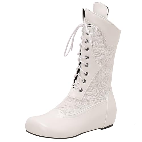 BULVJ Damen Retro Rundzehen Bestickte Stiefel bis zur Wade, Wedge-Hakenschnürstiefel von BULVJ