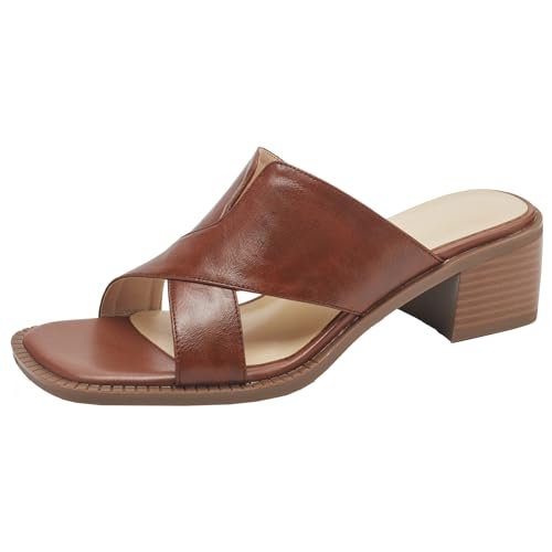 BULVJ Damen Retro Slides mit Quadratischer Zehenpartie Sandalen mit Blockabsatz und Offener Spitze von BULVJ