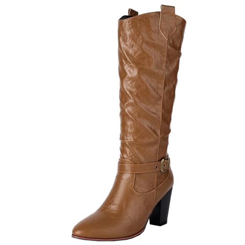 BULVJ Damen Retro Spitzzehen Blockabsatzstiefel, Lässige Slouch-Stiefel mit Schlupf, Modisches Winter-Essential von BULVJ