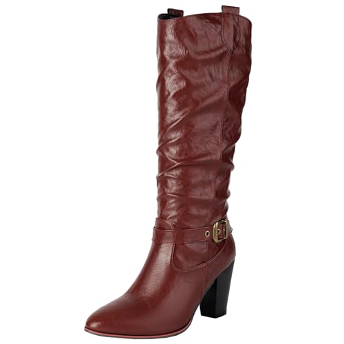 BULVJ Damen Retro Spitzzehen Blockabsatzstiefel, Lässige Slouch-Stiefel mit Schlupf, Modisches Winter-Essential von BULVJ