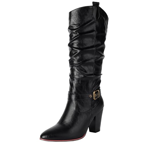 BULVJ Damen Retro Spitzzehen Blockabsatzstiefel, Lässige Slouch-Stiefel mit Schlupf, Modisches Winter-Essential von BULVJ