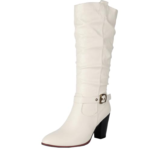 BULVJ Damen Retro Spitzzehen Blockabsatzstiefel, Lässige Slouch-Stiefel mit Schlupf, Modisches Winter-Essential von BULVJ