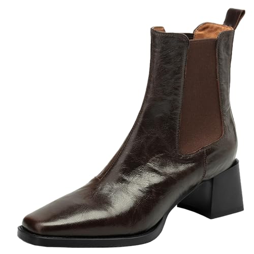 BULVJ Damen Retro Style Quadratische Zehenpartie Stiefeletten, Echtleder Slipper Stiefeletten für Herbst und Winter von BULVJ