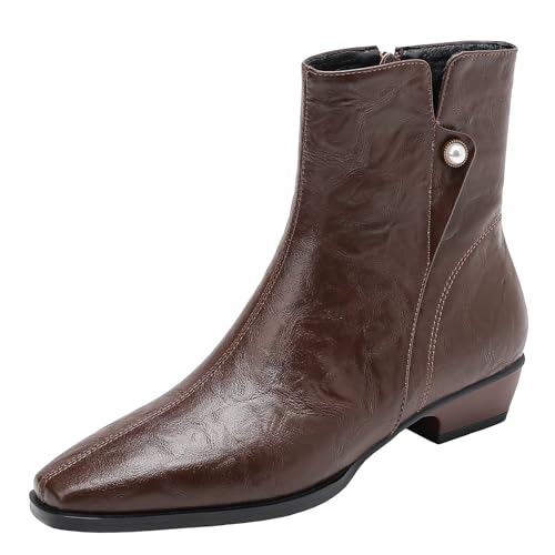 BULVJ Damen Retro Style Stiefeletten mit Quadratischer Zehenpartie Stiefel mit Niedrigem Blockabsatz, Ideal für Herbst und Winter von BULVJ