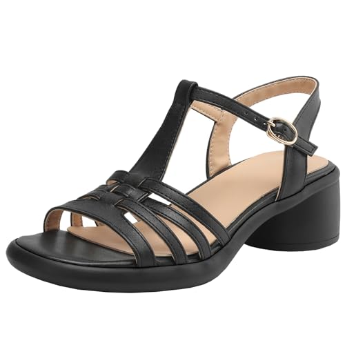 BULVJ Damen Retro T-Strap Sandalen mit Offener Zehe Riemchensandalen mit Verstellbarem Schnallenverschluss von BULVJ