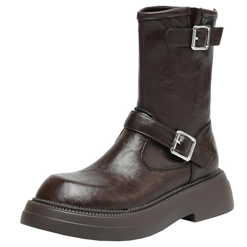 BULVJ Damen Runde Spitze Kampfstiefel, Herbst- und Winterstiefeletten mit Reißverschluss und Blockabsatz von BULVJ