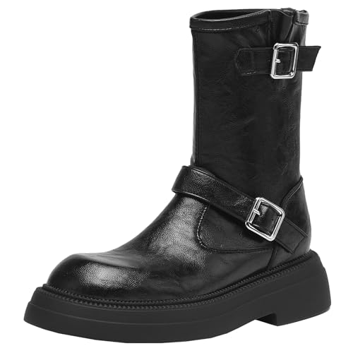 BULVJ Damen Runde Spitze Kampfstiefel, Herbst- und Winterstiefeletten mit Reißverschluss und Blockabsatz von BULVJ