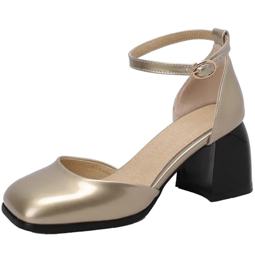 BULVJ Damen Sandalen mit Quadratischer Zehenpartie und Blockabsatz Knöchelschnallenverschluss Anzugschuhe von BULVJ