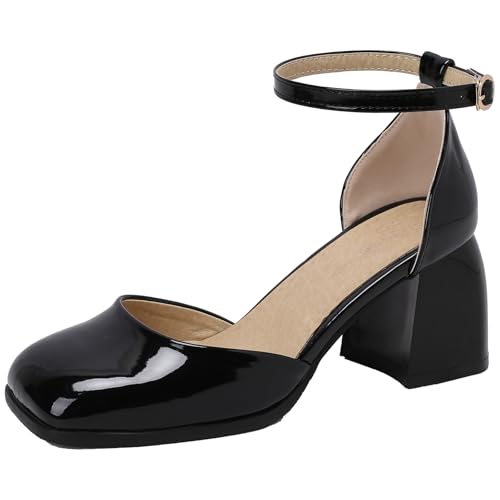 BULVJ Damen Sandalen mit Quadratischer Zehenpartie und Blockabsatz Knöchelschnallenverschluss Anzugschuhe von BULVJ
