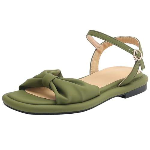 BULVJ Damen Sandalen mit Runder Zehenpartie und Schleifen Sandalen mit Offener Zehe und Flachem Absatz mit Knöchelriemen von BULVJ