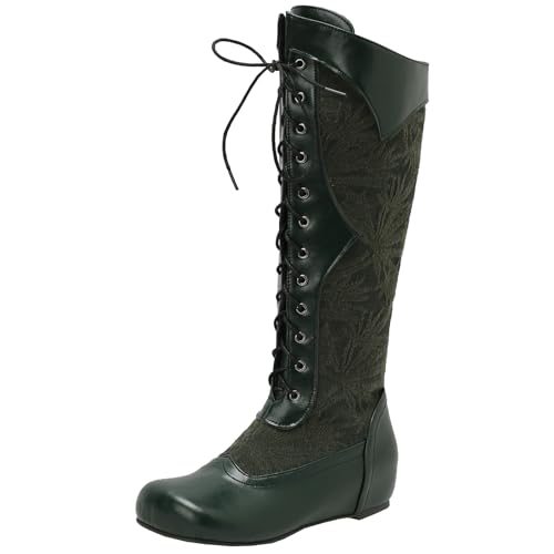 BULVJ Damen Schnürstiefel mit Besticktem Obermaterial, Knielang, Runde Zehen und Keilabsatz, Kampfstiefel für den Täglichen Gebrauch. von BULVJ