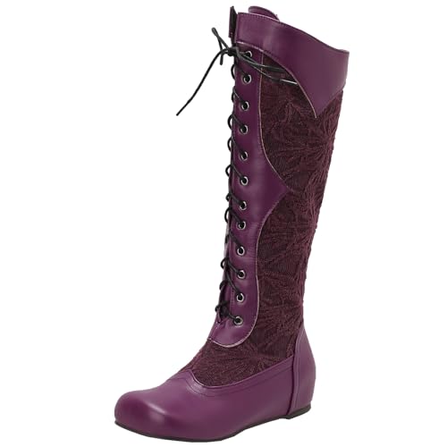BULVJ Damen Schnürstiefel mit Besticktem Obermaterial, Knielang, Runde Zehen und Keilabsatz, Kampfstiefel für den Täglichen Gebrauch. von BULVJ