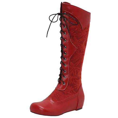 BULVJ Damen Schnürstiefel mit Besticktem Obermaterial, Knielang, Runde Zehen und Keilabsatz, Kampfstiefel für den Täglichen Gebrauch. von BULVJ