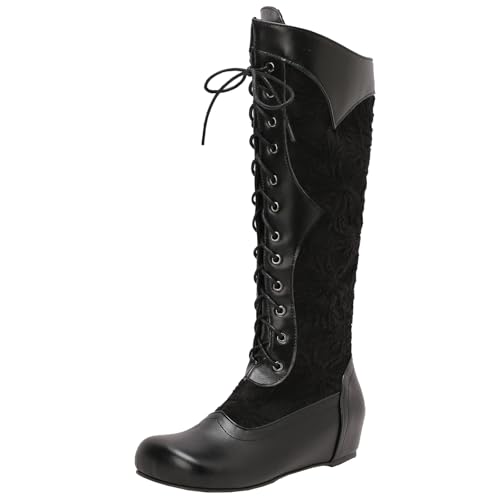 BULVJ Damen Schnürstiefel mit Besticktem Obermaterial, Knielang, Runde Zehen und Keilabsatz, Kampfstiefel für den Täglichen Gebrauch. von BULVJ