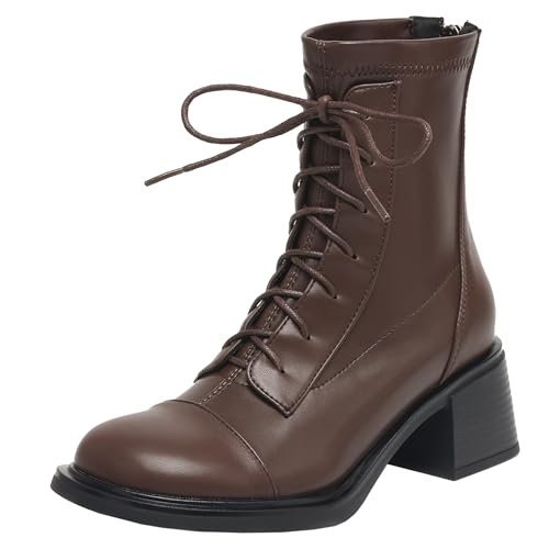 BULVJ Damen Schnürstiefeletten mit Reißverschluss, Kampfstiefel mit Runder Zehenpartie und Blockabsatz für Winter und Herbst von BULVJ