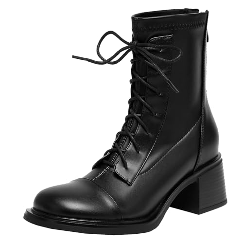 BULVJ Damen Schnürstiefeletten mit Reißverschluss, Kampfstiefel mit Runder Zehenpartie und Blockabsatz für Winter und Herbst von BULVJ