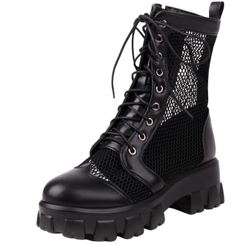 BULVJ Damen Sommer Kampfstiefel Mesh Reißverschluss Booties mit Plateau und Runder Spitze von BULVJ