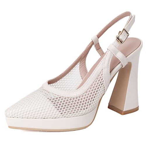 BULVJ Damen Sommer Mesh Sandalen Chunky Heels Slingback Heels mit Spitzer Zehenpartie von BULVJ