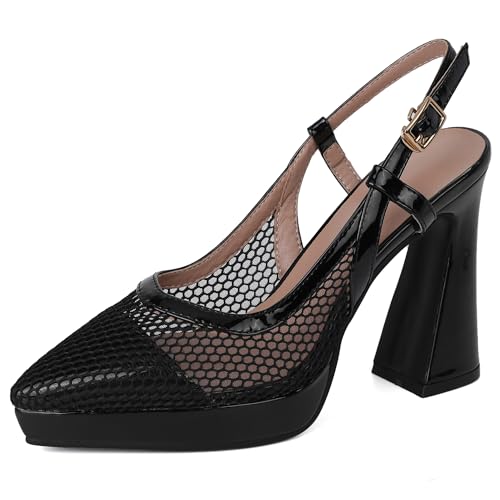 BULVJ Damen Sommer Mesh Sandalen Chunky Heels Slingback Heels mit Spitzer Zehenpartie von BULVJ