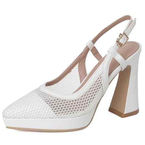 BULVJ Damen Sommer Mesh Sandalen Chunky Heels Slingback Heels mit Spitzer Zehenpartie von BULVJ