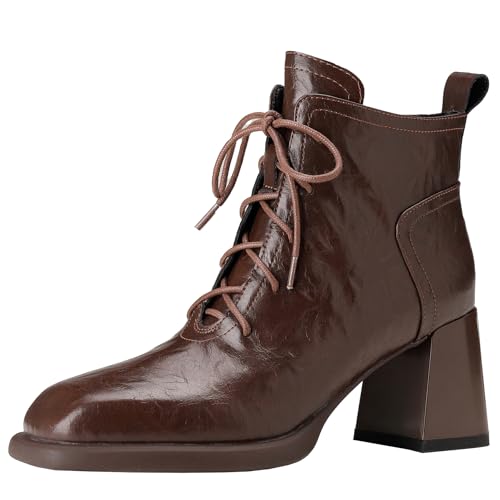 BULVJ Damen Stiefeletten aus Leder mit Quadratischer Zehenpartie, Schnürstiefeletten mit Klobigen Absatz für Street-/Retro-Looks von BULVJ